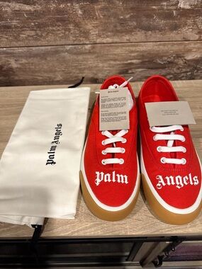 Palm Angels Red Canvas Sneakers with White Lettering and Gum Sole